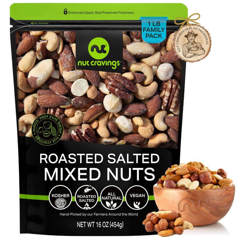 NUT CRAVINGS - Roasted & Salted Mixed Nuts - Brazils, Brazil, Pecan, Almond, Hazelnut, Cashew (16oz - 1 LB) Packed Fresh in Resealable Bag - Food Assortments - Image 1